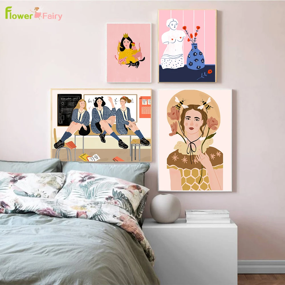 Vintage Sisters Couple Flower Girl Affection Wall Art Canvas Painting Nordic Poster Wall Pictures For Living Room Home Unframed