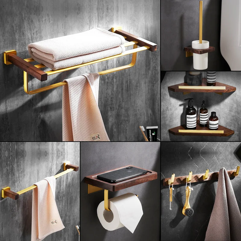 

Aluminum & Walnut Wood Bathroom Accessories Set,Towel Rack,Toilet Brush Holder,Tissue Rack,Coner Shelf,Robe Hook,Bath Hardware