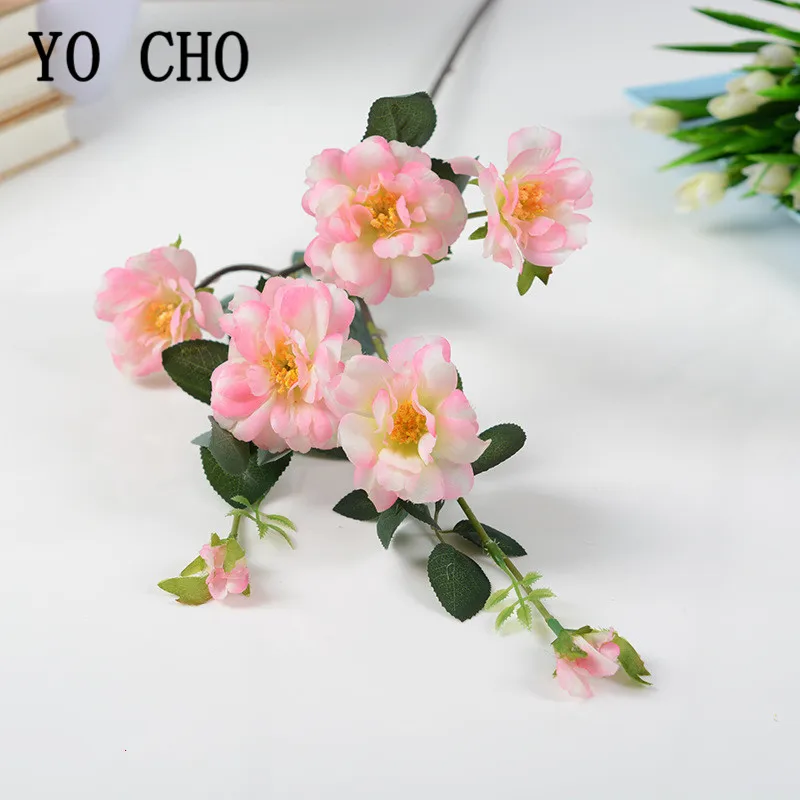 Single Branch Chinese Rose Artificial Flowers 7 Heads Imitation Silk Flores Wedding Center Door Decor Home Party Accessory Flore