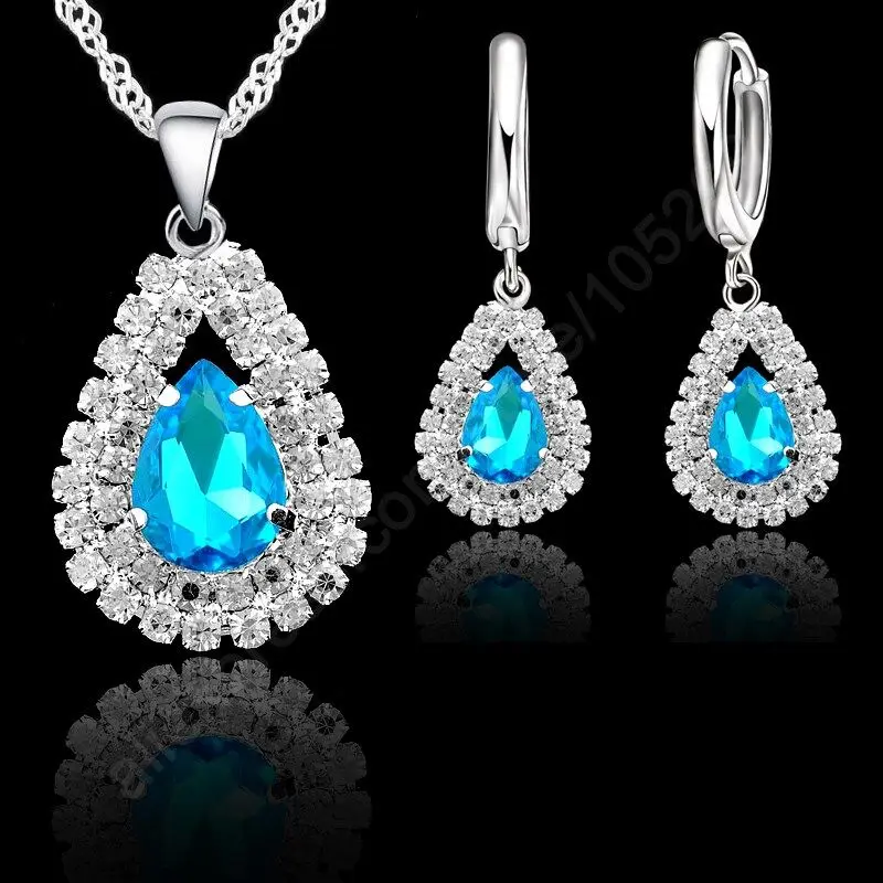 S925 Sterling Set Gioielli D\'argento Per La Cerimonia Nuziale di Fidanzamento Da Sposa Delle Donne di Goccia Dell\'acqua di Cristallo Pendenti Con