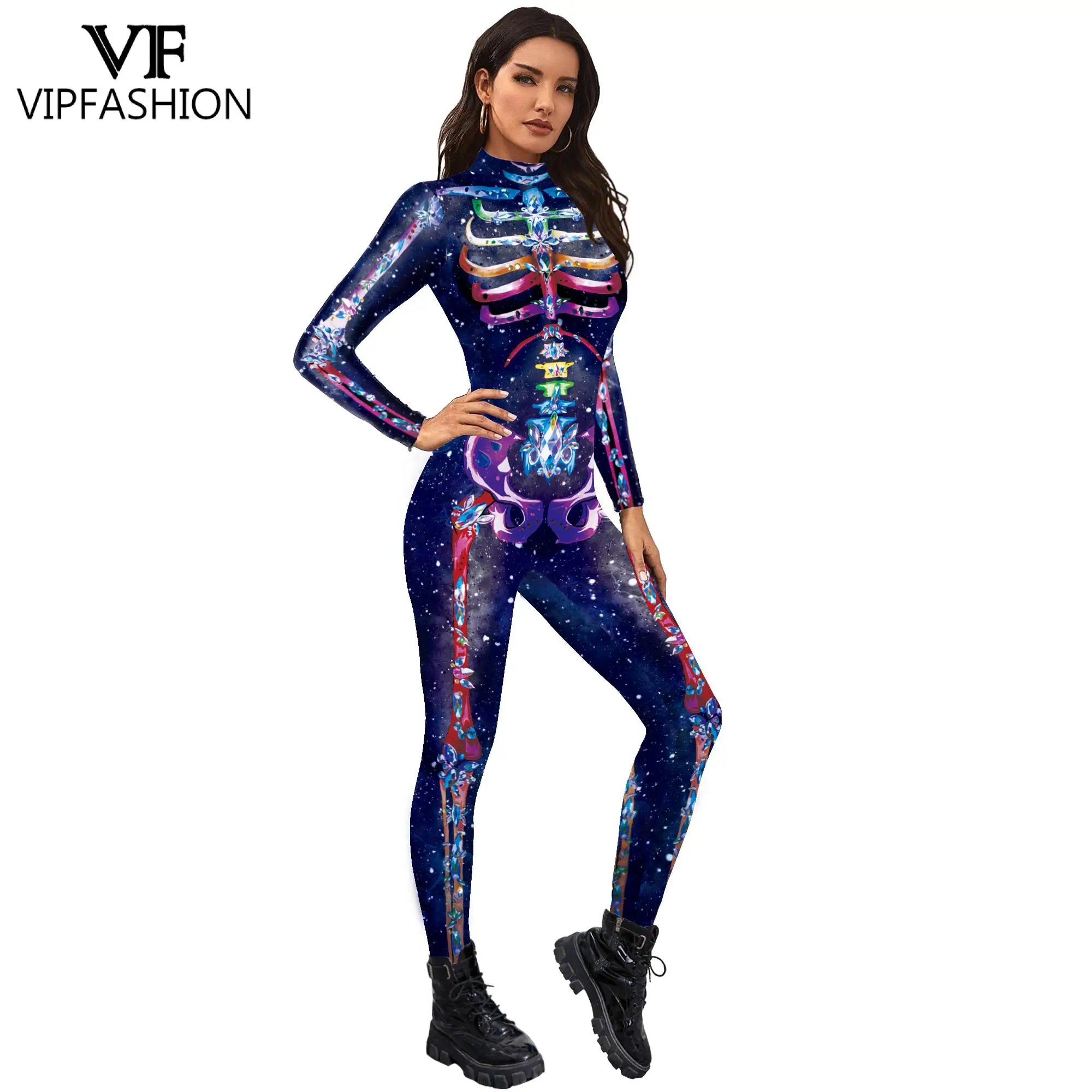 VIP FASHION 3D Skull Skeleton Printed Bodysuit Halloween Costume For Women Outfit Fancy Dress Clothing  Adult Suit