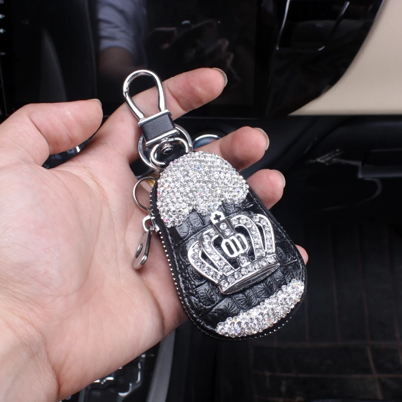 Rhinestones Car Key Holder Storage Case Crystal Diamond Keychains Key Cover Remote Key Bag with Crown Interior Accessories