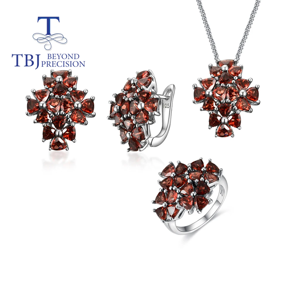 

TBJ,Natural red garnet ring earrings Pendant Jewelry Set S925 sterling silver light luxury anniversary, banquet fine jewelry