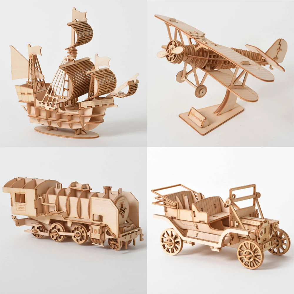 Juguete de locomotora de vapor de barco de vela de corte láser, rompecabezas de madera 3D, Kits de madera, decoración de escritorio para niños