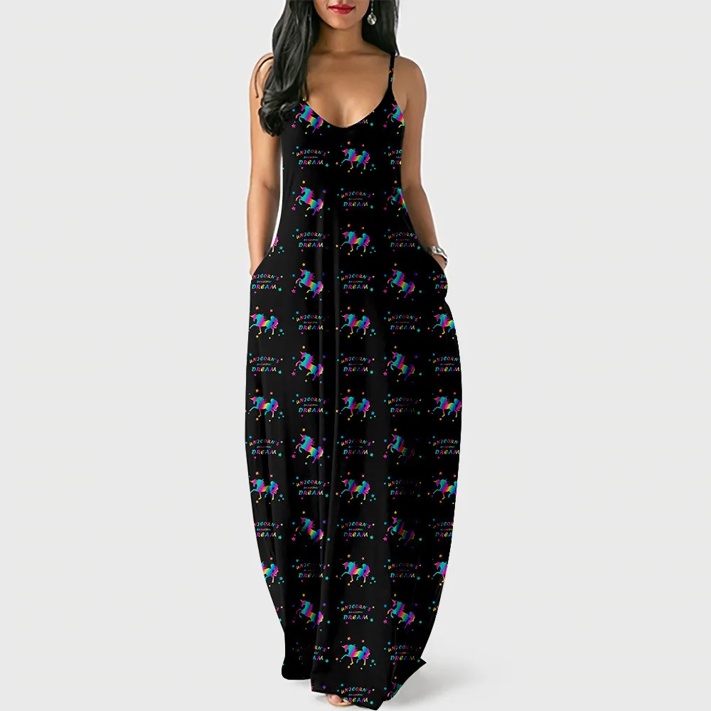 

Casual Loose Long Dress Women Maxi Dresses Unicorn Printed Sexy High Split Spring Summer Ladies Beach Holiday Halter Dresses