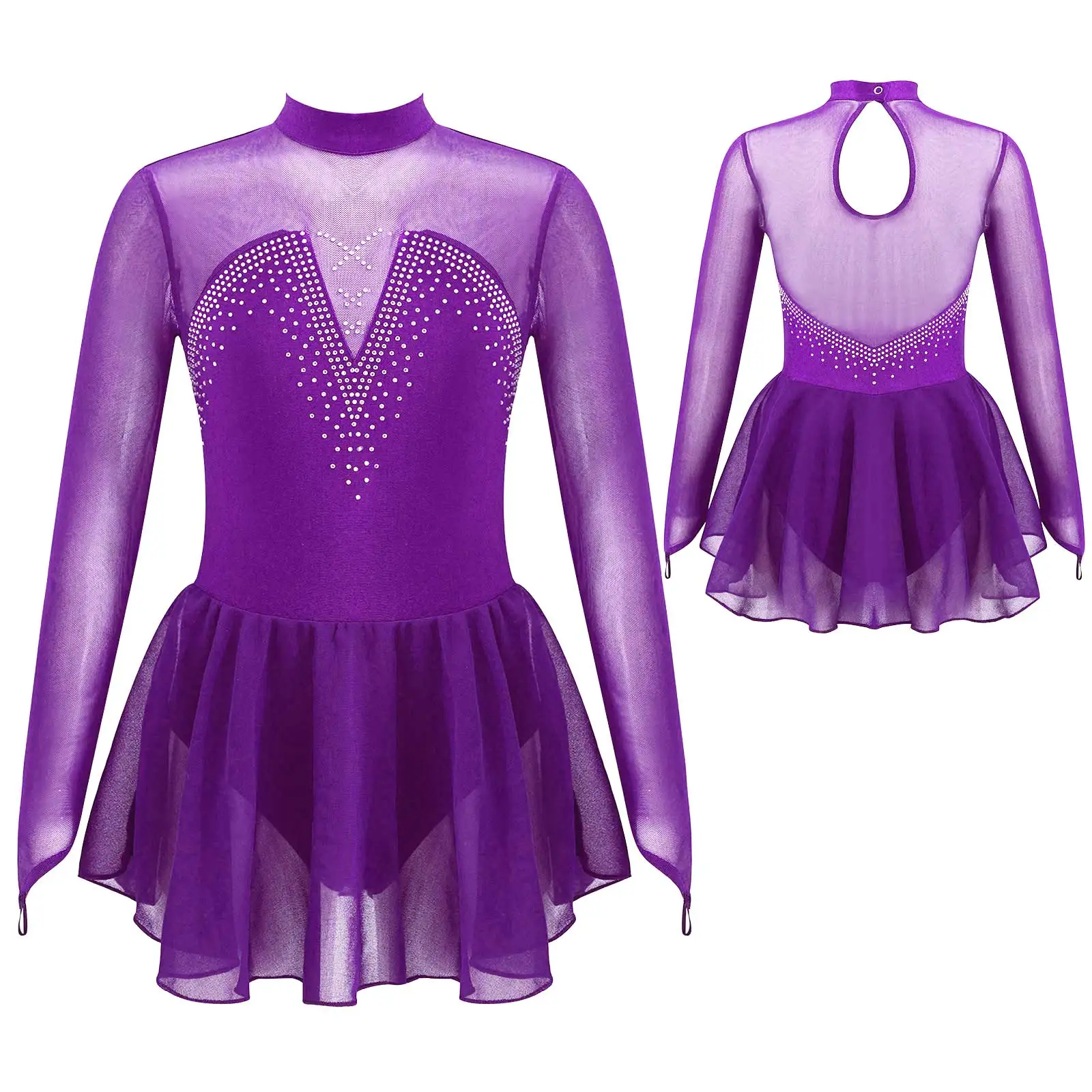 Kids Girls Ice Skating Dress Round Collar Hollow Back Sparkly Mesh Splice Roller Skating Ballet Dance Gymnastics Leotard Dress