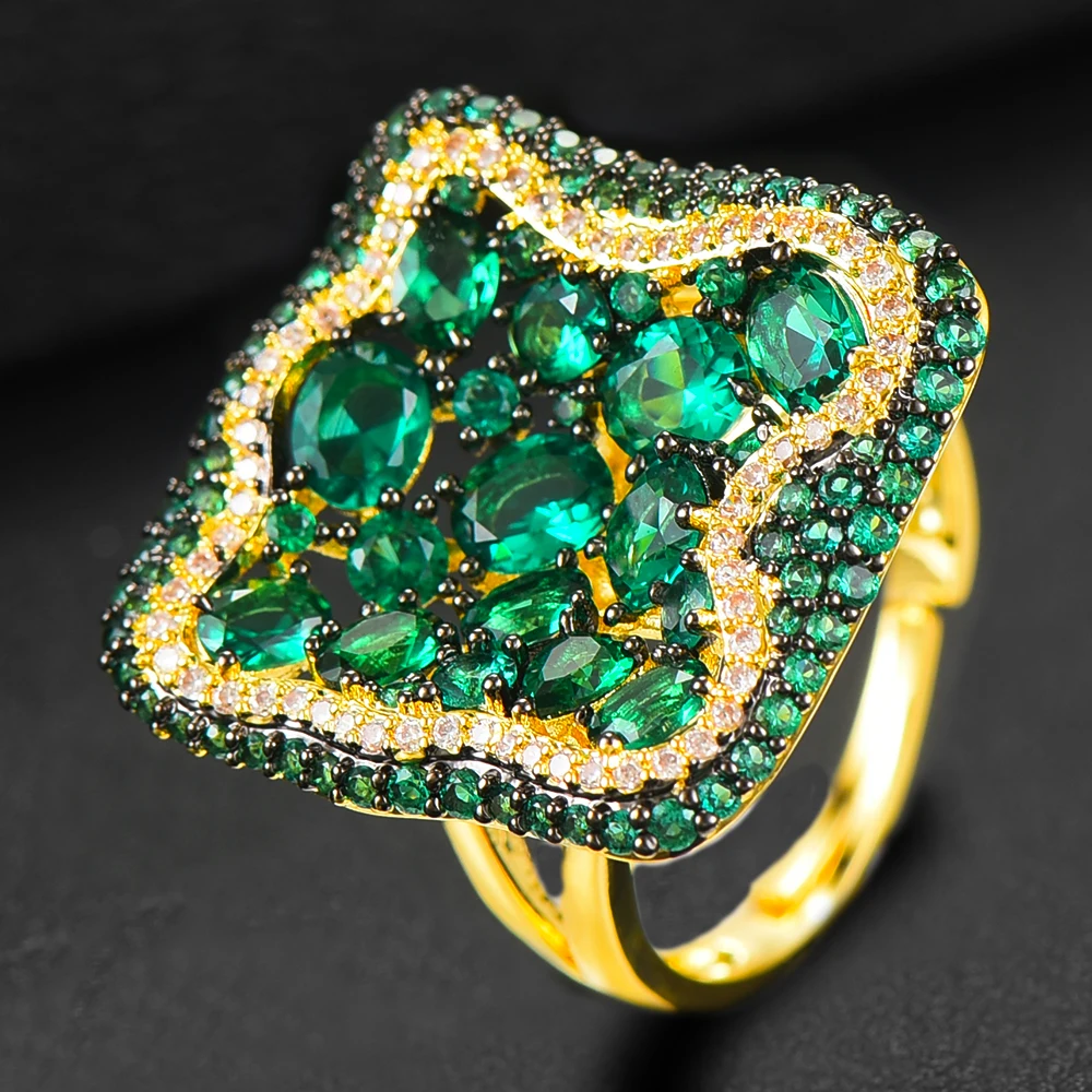 

Dubai Charms Luxury Noble Shiny Crystal Rings For Women Bridal Wedding Party brincos para as mulheres Big Green Red Blue Rings