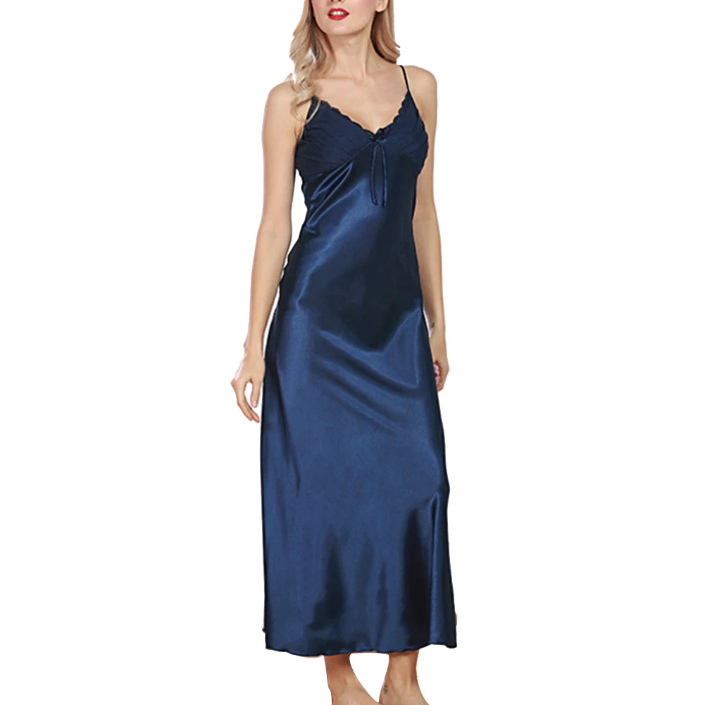 HOTSummer Silk Nightgown Women Pleated V Neck Sleeveless Maxi Nightdress Silk Nightgown Women Pleated V Neck Sleeveless Maxi Nig