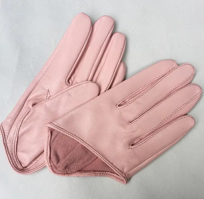 Women\'s natural sheepskin leather solid pink color half palm gloves female genuine leather fashion short driving glove R1171