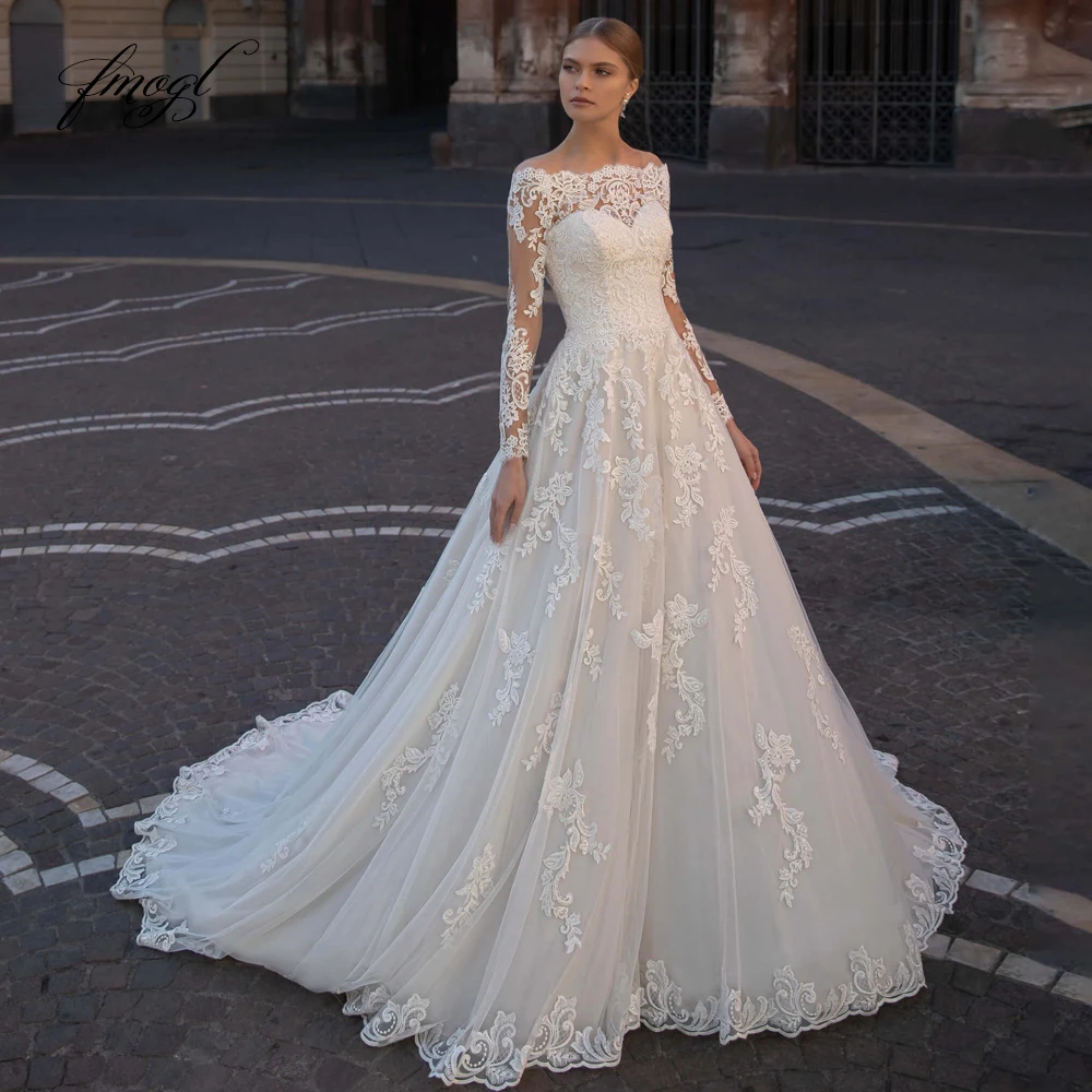 

Fmogl Vestidos De Noiva Long Sleeve A Line Vintage Wedding Dresses Luxury Boat Neck Sweep Train Appliques Lace Bride Gown