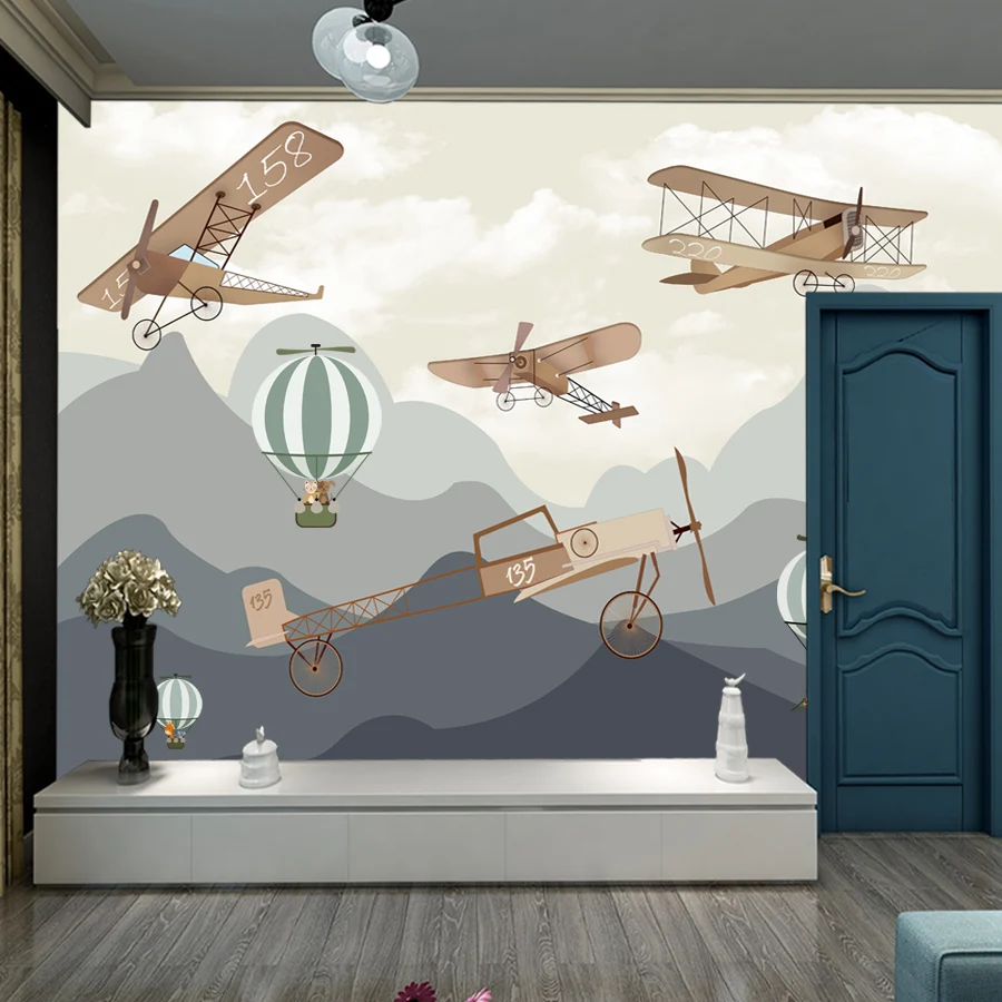 Modern Self Adhesive Accept Cartoon kids Wallpapers for Living Room Contact Wall Papers Home Decor Plane Balloon Mountain Murals