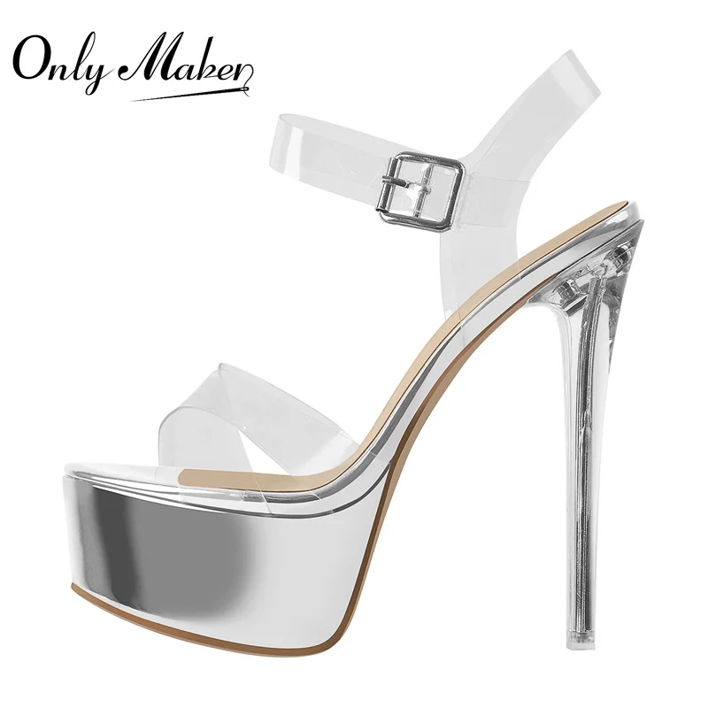 

Onlymaker Women Platform Sandals Silver Gold Clear Metal High Heels Ankle Buckle Shoes PVC Band Concise Fashion Wedding Sandals