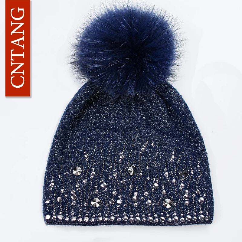 CNTANG Wool Knitted Silver Thread Hats Round Rivet Warm Hat For Women Autumn Winter Fashion Caps With Fur Pompom Ladies Beanies