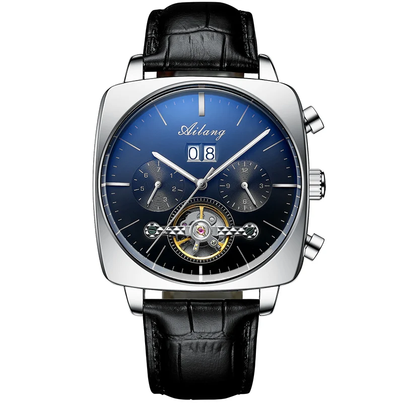AILANG Mode Grün Große Zifferblatt Quadratische Mechanische Uhr für Männer Lederband Wasserdicht Tourbillon Uhren Herren Relogio Masculino 9