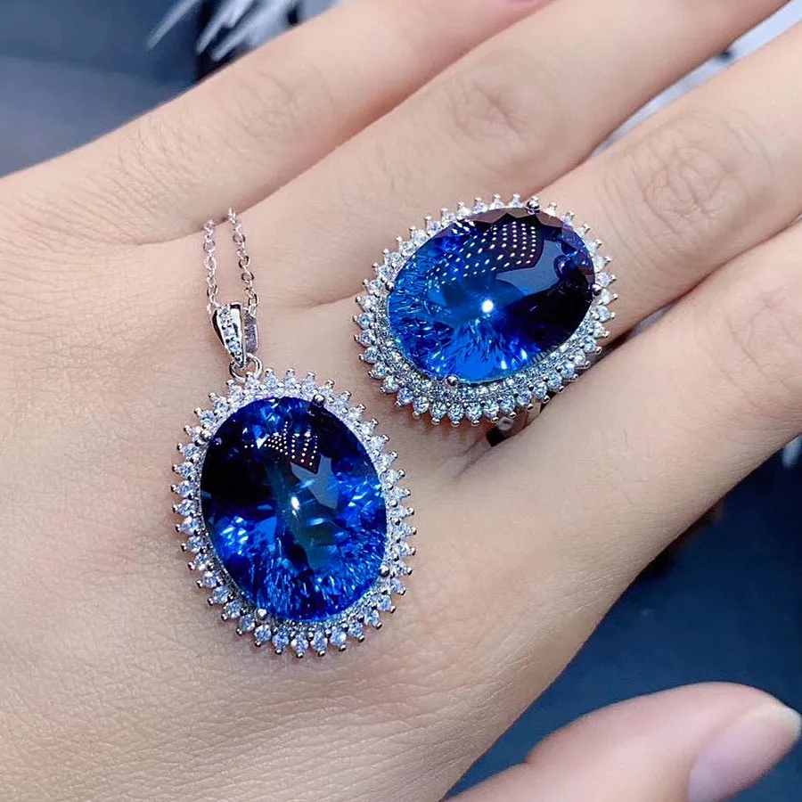 Big Oval 7 Carats Blue Crystal Sapphire Topaz Gemstones Diamond Rings for Women White Gold Silver Color Party Jewelry Bague Gift