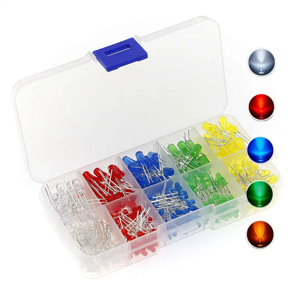 375pcs/Box 3MM 5MM LED Light Emitting Diode Beads Resistance Lights Kits Bulb Lamp 5Colors Red White Yellow Green Blue