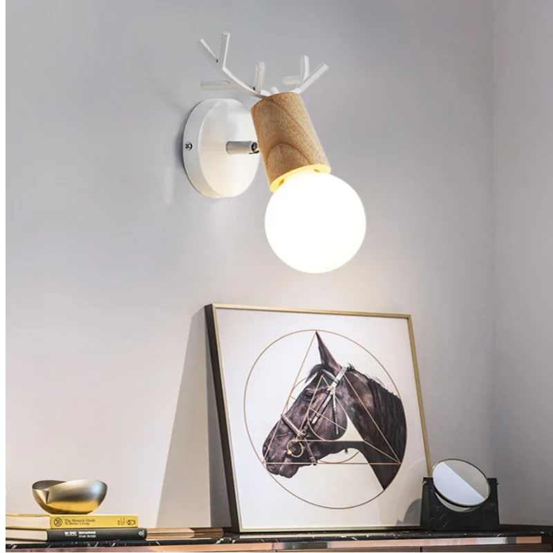 Nordic style solid wood LED wall lamp modern minimalist antler decor bedside lamp wooden indoor staircase revolving walkway lamp