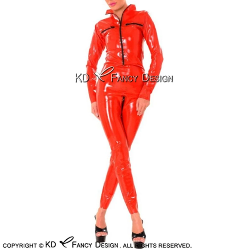 Red Sexy Latex Catsuit With Four Zippers Rubber Jumpsuit Body Suit Bodysuit Zentai Overall LTY-0190