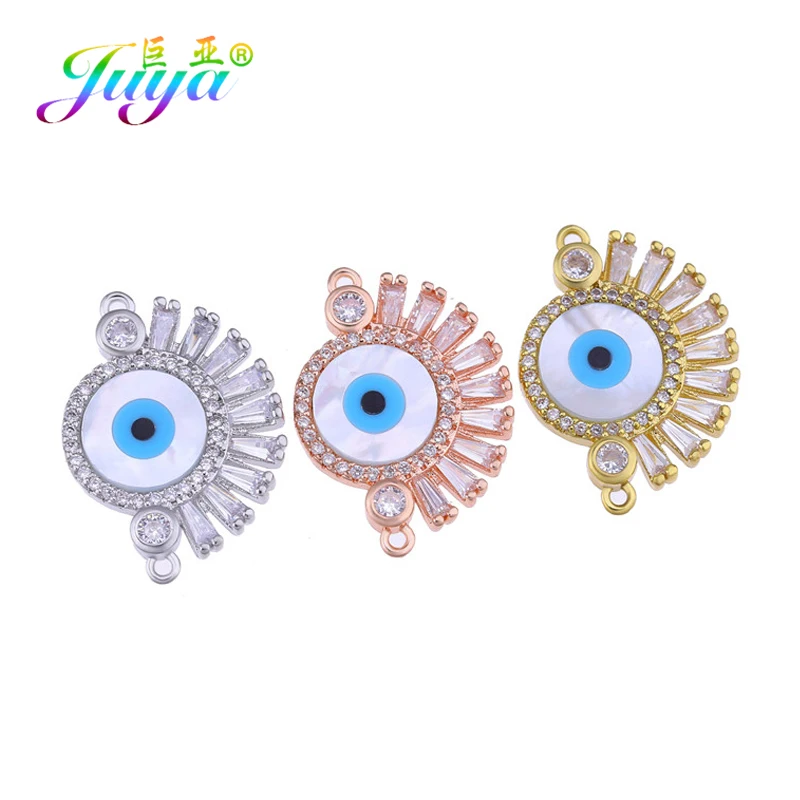 Juya DIY Jewelry Accessories Supplies Gold/Silver Color Shell Turkish Greek Evil Eye Charm Connector For Bracelet Earring Making