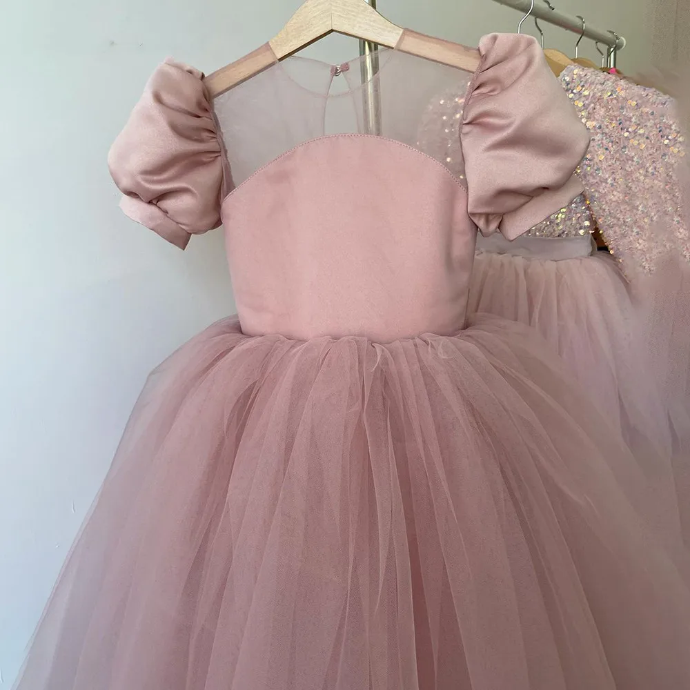 Flower Girl Dresses Tulle Layers First Communion Kids Dresses Puff sleeves Bow Knot Girl Wedding Little Bride Gowns