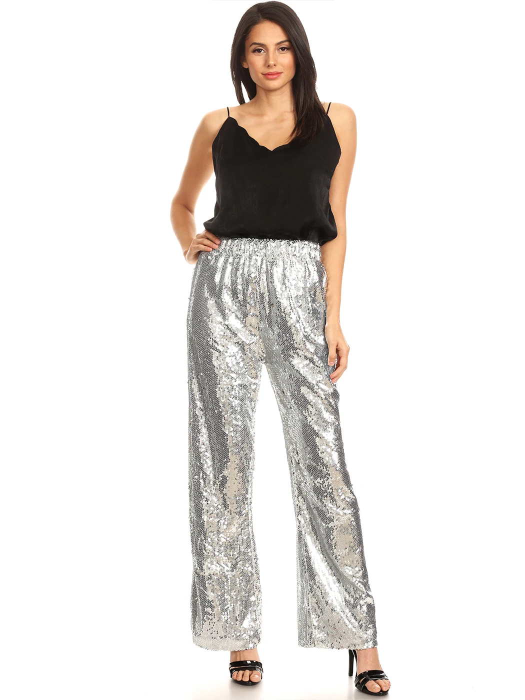 Silver Full Sequined 2021 Women Wide Leg Pant Elastic Waist Bling Luxury Chic Capris Casual Gold Long Pant Female Club