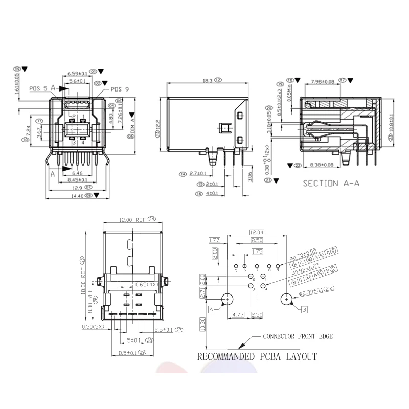 2 stuks USB 3.0 Type B Female Plug jack USB-B Haakse AF Socket Printer Connector Terminal