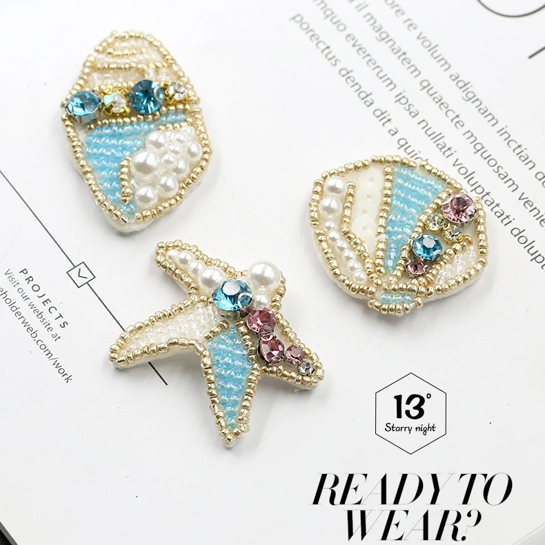 3piece Fresh handmade beaded cloth stickers, fashion patch stickers, decorative clothes appliques, rhinestone hand-sewn patches