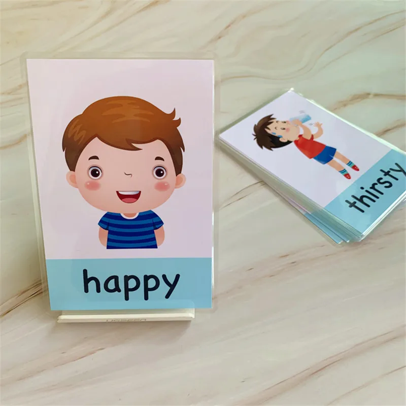 Cartes d'apprentissage de l'anglais Montessori pour bébés, 14 pièces, cartes flash d'émotion de dessin animé pour enfants, jouet de mémoire pour enfants