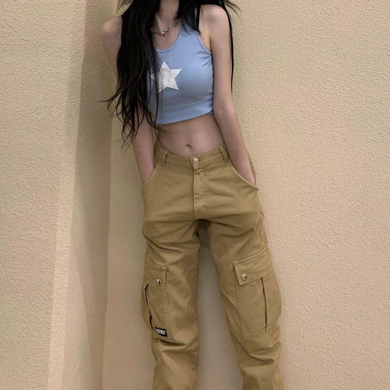 Khaki Vintage Loose Sweatpants Women 90s Streetwear Pockets Wide Cargo Pants High Waist Straight Casual Trousers 2022