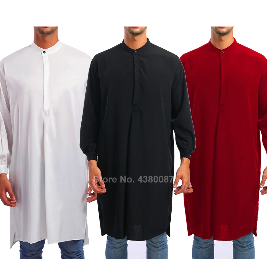 Camisa larga con botón Thobe tradicional musulmán para hombres, ropa islámica de manga larga, Color sólido, árabe saudita, turco, informal