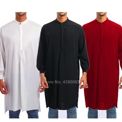 Effen Kleur Saudi Arabische Mannen Moslim Traditionele Thobe Knop Lange Shirt Turkse Toevallige Mannelijke Lange Mouw Islamitische Kleding