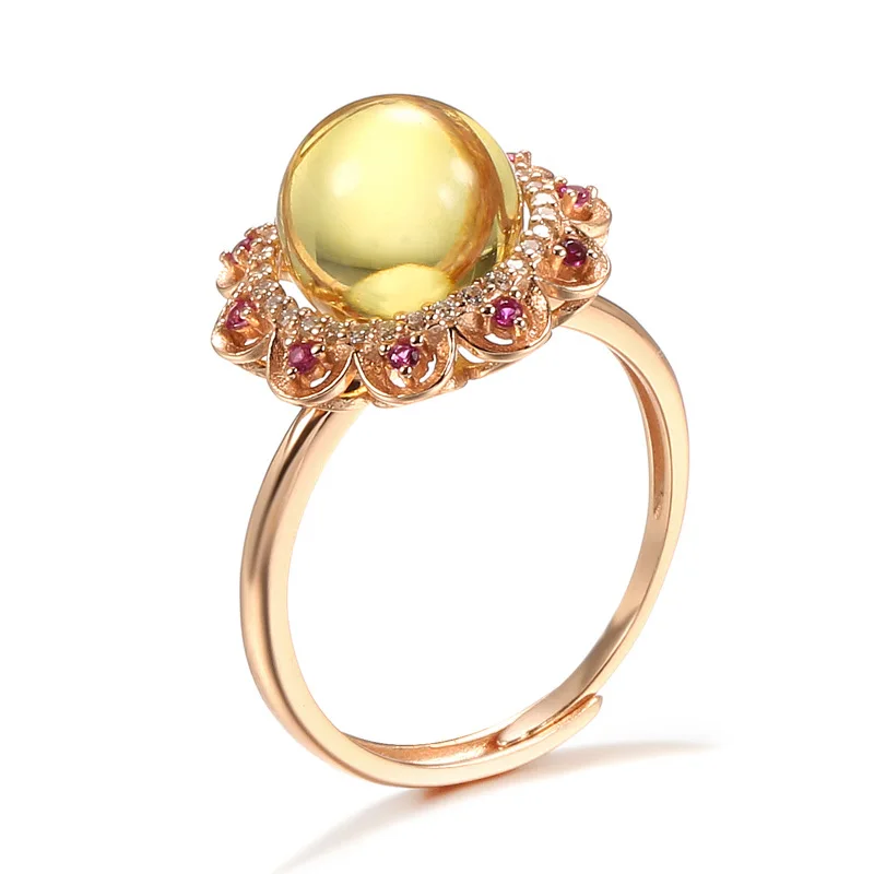 

S925 Sterling Silver Gold-Plated Inlaid Natural Amber AAA Zircon Flower Ring 2021 New Ethnic Style Ring Female