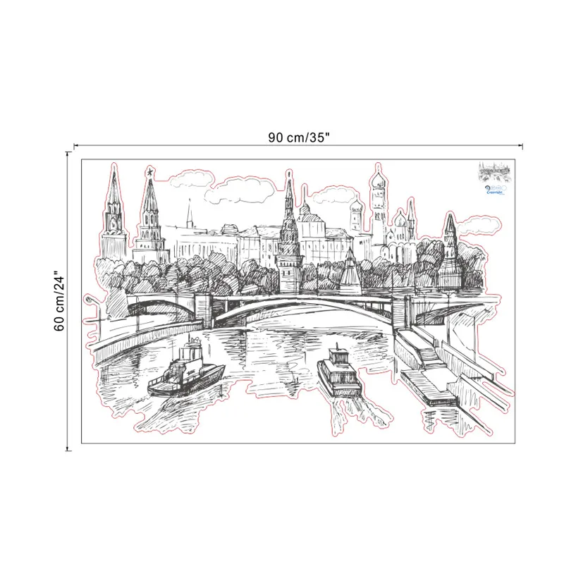 Sketch Style Kremlin Moscow River Scenery Wall Stickers For Home Decoration Landscape Wall Mural Art Diy Pvc Wall Decals