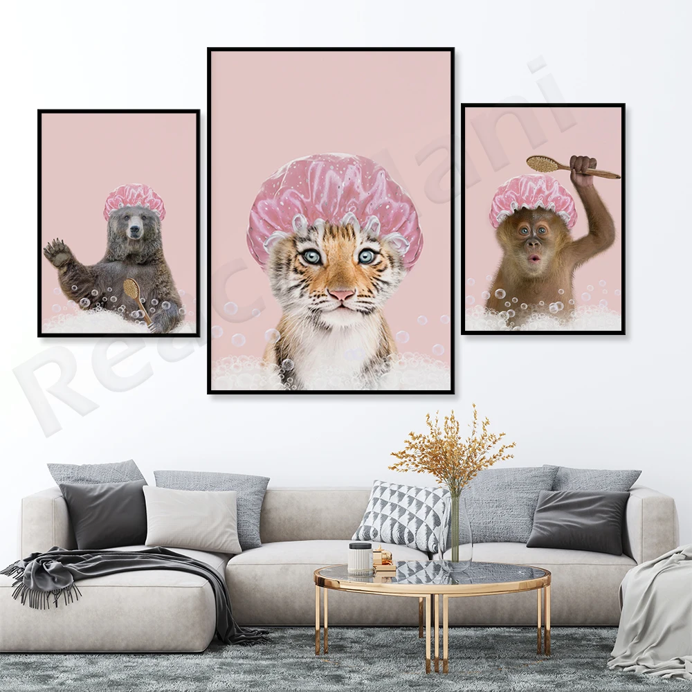 Baby Tiger Little Monkey Bear waved bath prints, funny bathroom wildlife posters, fantastic animals, children's bathroom art