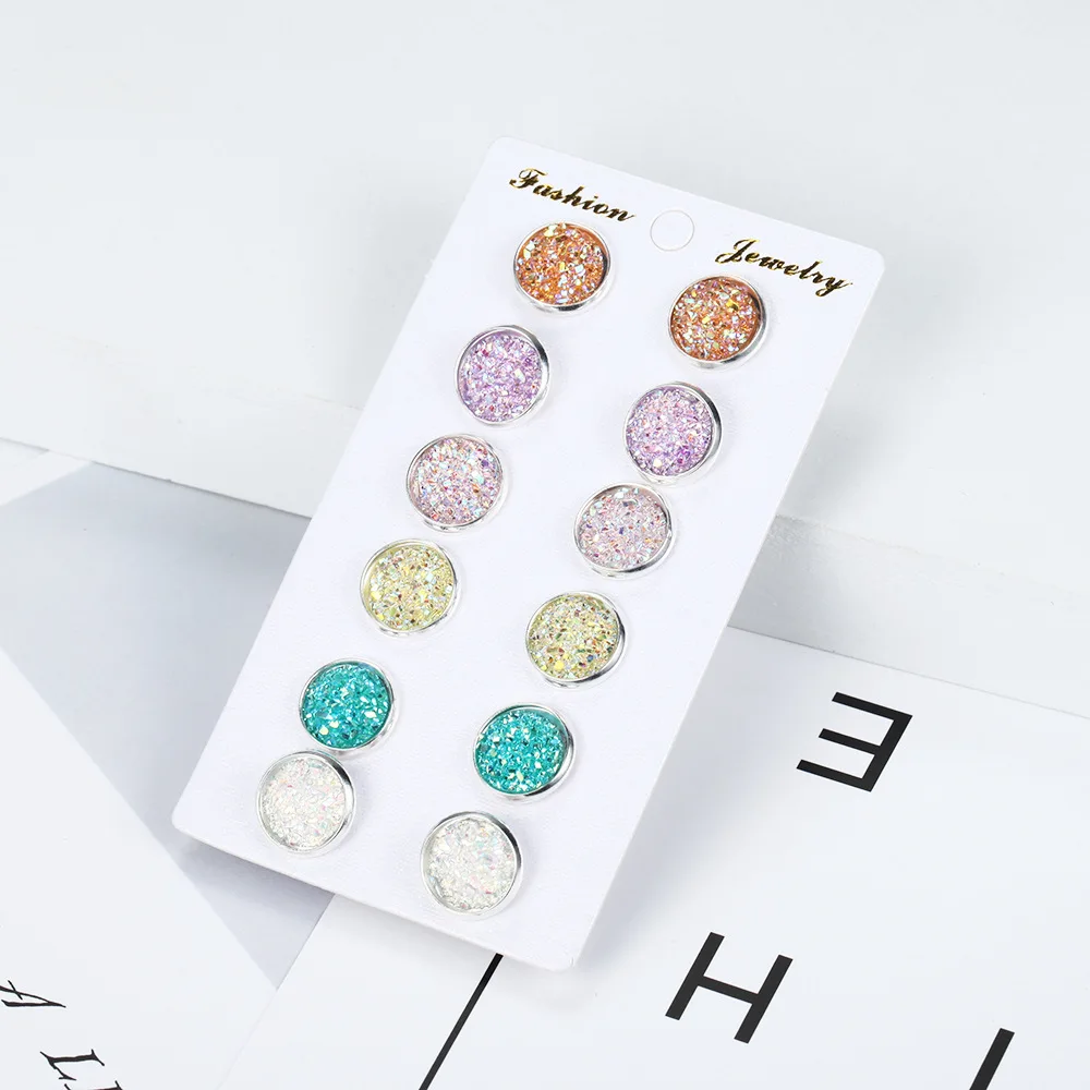 6 Pairs/Set New Shiny Resin Ear Stud Round Bling Druzy Stone For Women Girls Cute Earrings Set 2020 Fashion Jewelry Gift