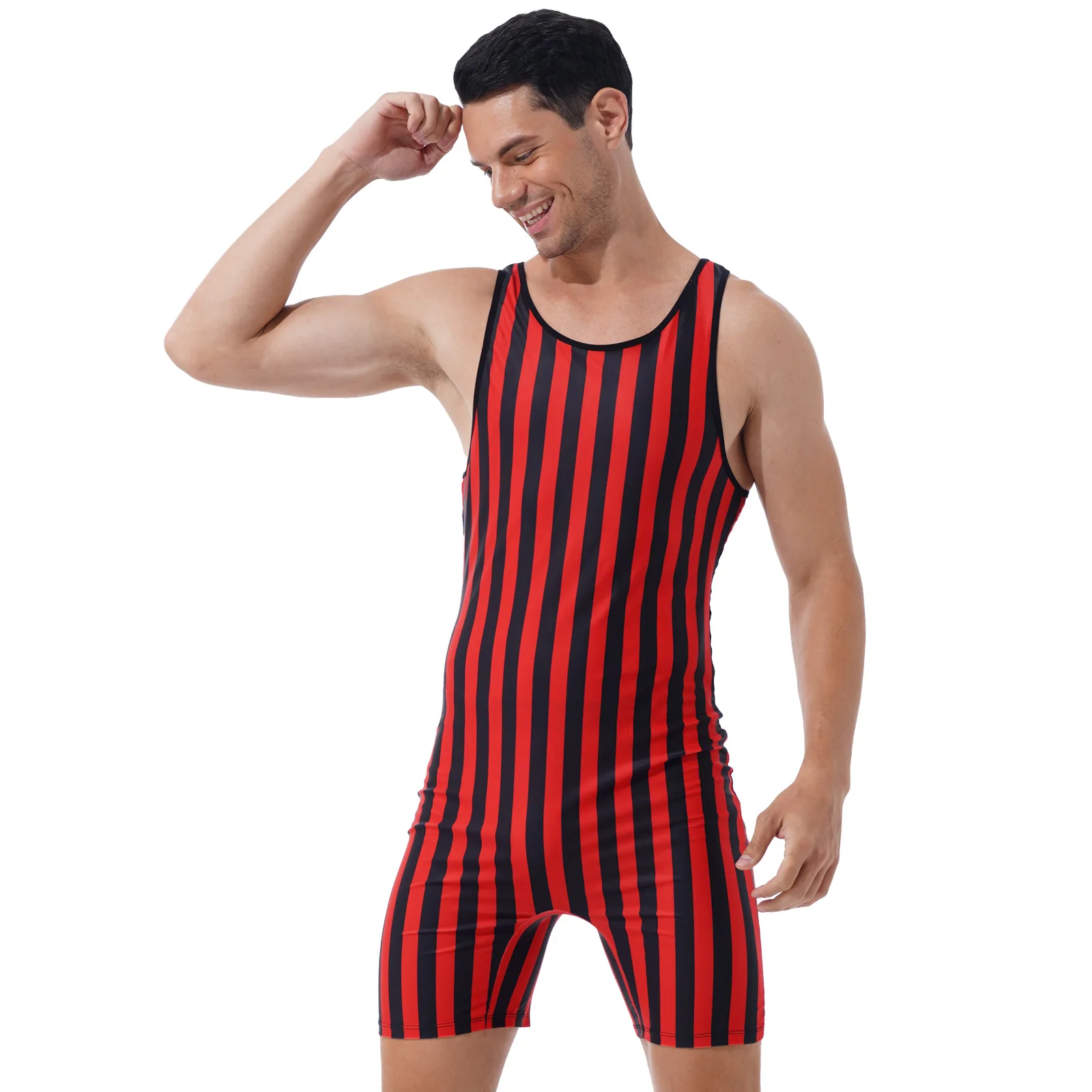 Mens Striped Wrestling Singlet Bodysuit Weight Lifting Stretchy Leotard Workout Fitness Outfits Athletic Jumpsuit Home Nightwear