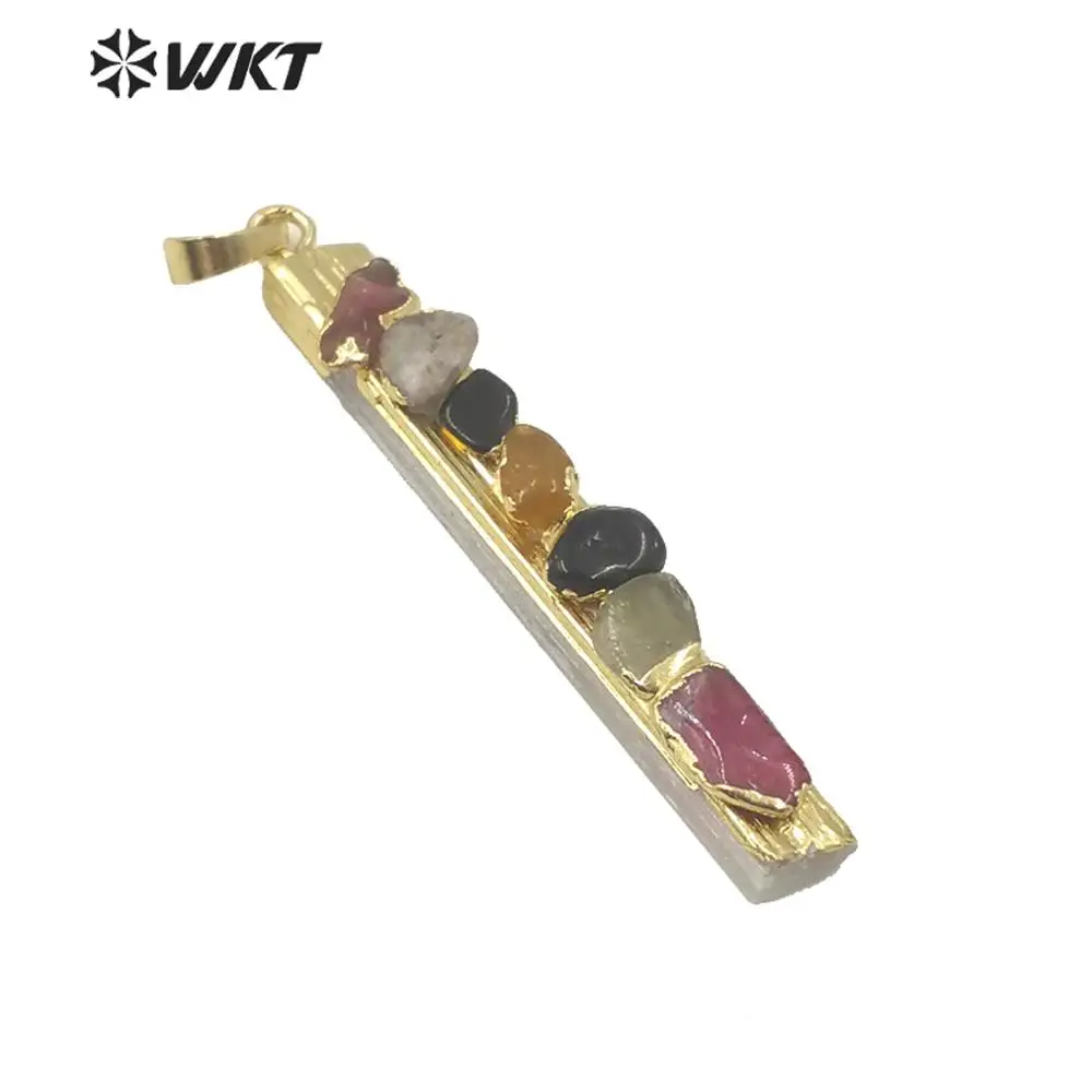 WT-P1560 WKT Natural Stone Long Shape Pendant In Gold Plated With Colorful Tourmaline Charms Fashion Selenite Pendant