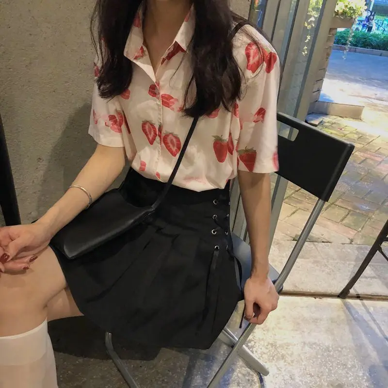 Shirts Women Summer Fashion All-match Strawberry-printed Casual Fit Korean Style Turn-down Collar Female Tops Chic Vintage Cute