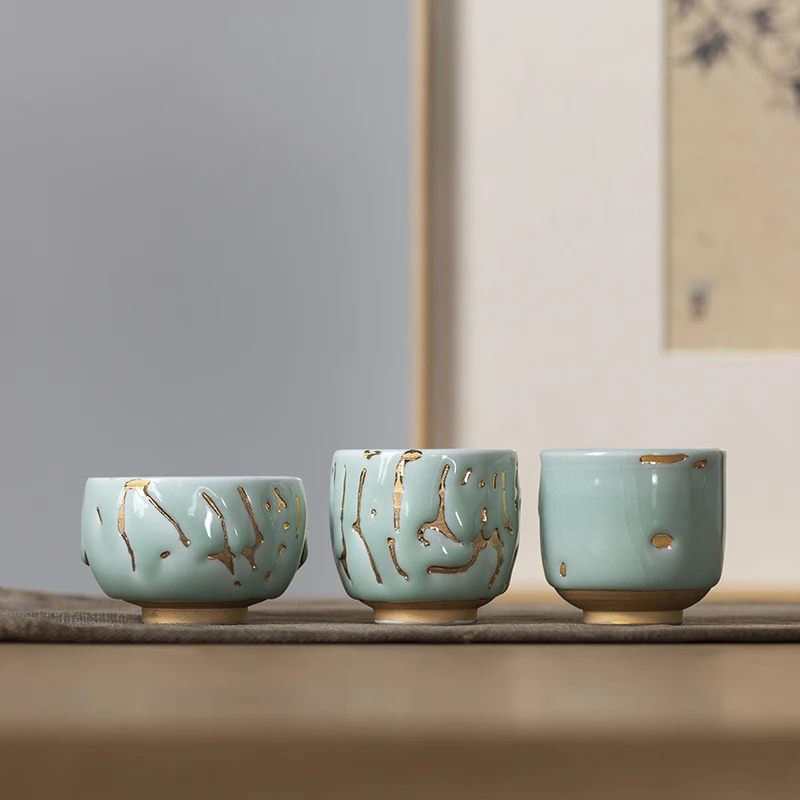 ceremony] pure manual gold drawing open glazed ceramic kungfu tea set celadon single cup tea cup master cup tea cup