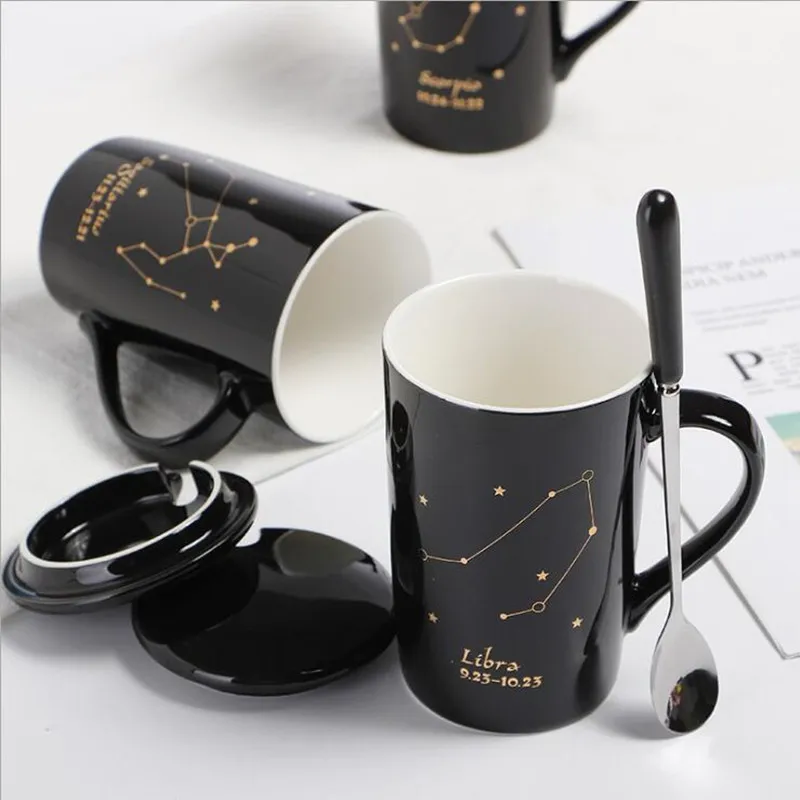 With Gift Box 12 Constellations Creative Ceramic Mugs with Spoon Lid Black and Gold Porcelain Zodiac Milk Coffee Cup 400ML Water