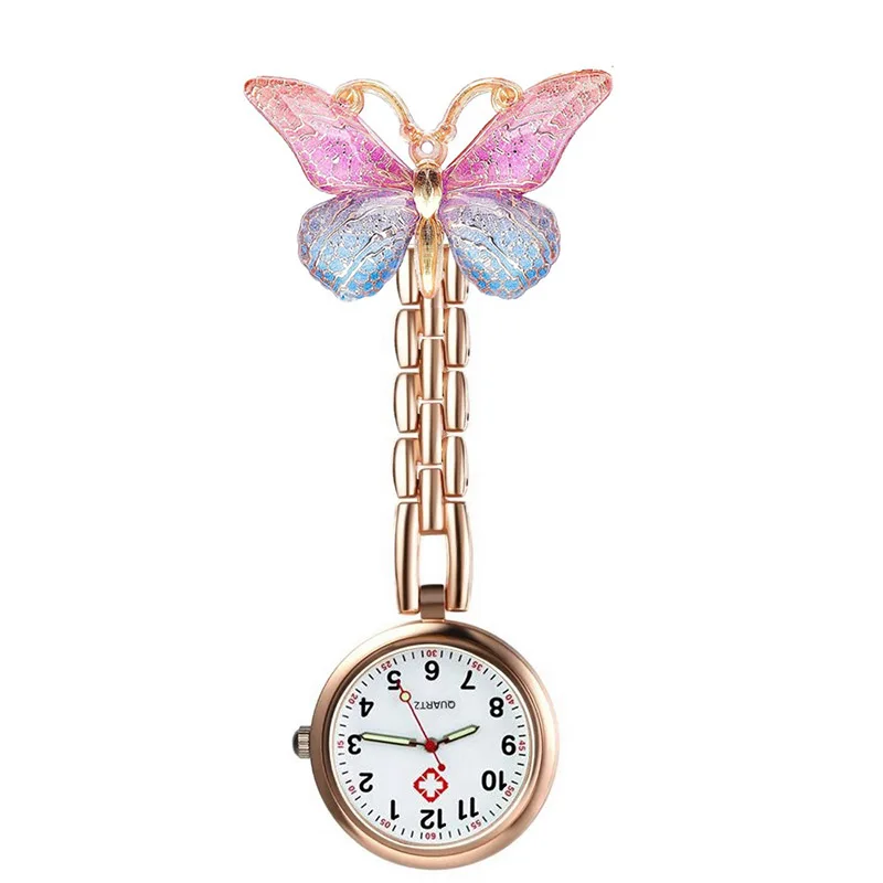 Gradient Resin Butterfly Rose Gold Alloy Pocket Watches Nurse Doctor Hospital Medial Gift Pin Watches Clock