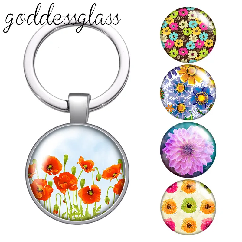 Beauty Flowers poppy Daisy Gypsophila glass cabochon keychain Bag Car key chain Ring Holder Charms keychains for Gifts