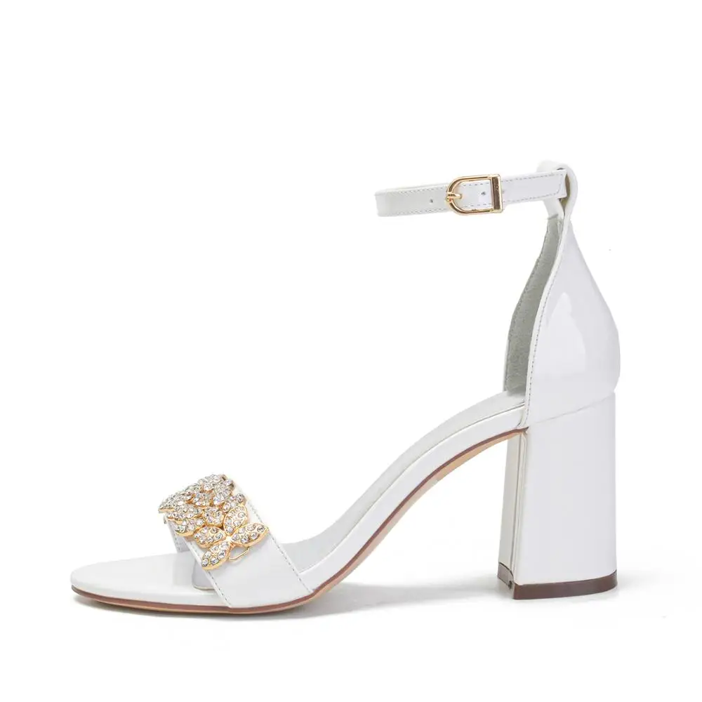 lady's summer sandals chunky thick heels white ivory shoes with light gold crystal trim ankle strap wedding party prom club