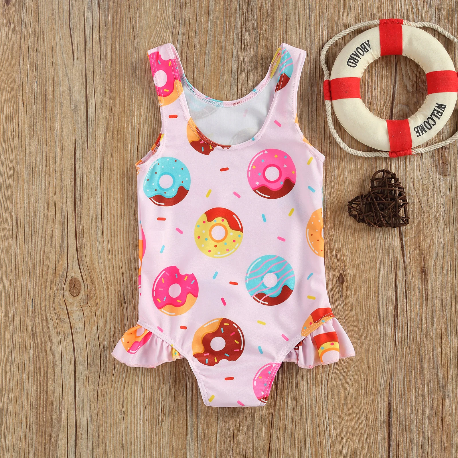 Baby Girl Cute Crab Donut Print Swimsuit Ruffle Frill Swimwear 0-3Y Infant Toddler Kids Summer Casual Sleeveless Bathing Suits