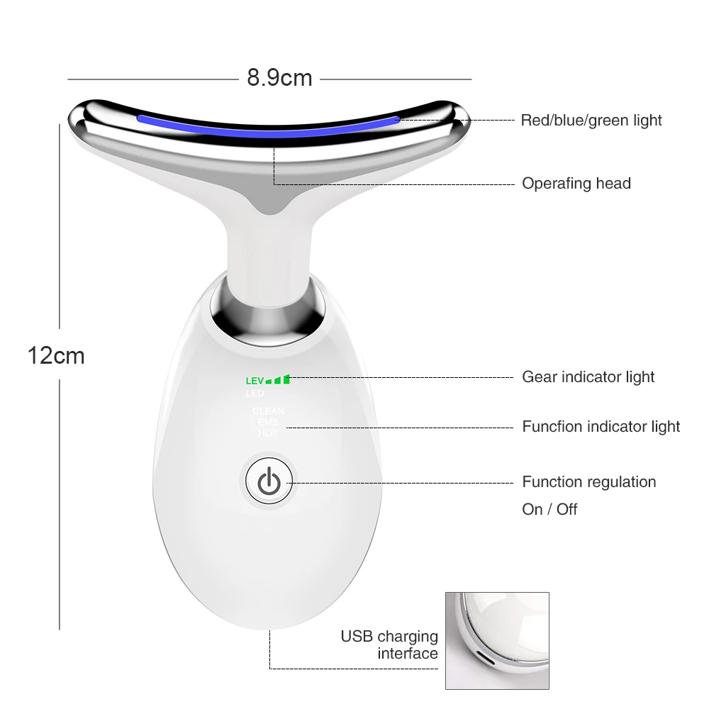 Massaggiatore per il collo del viso con vibrazione ad alta frequenza a 3 colori LED Anti rughe Anti invecchiamento rassodamento e sollevamento della pelle riduce il doppio mento