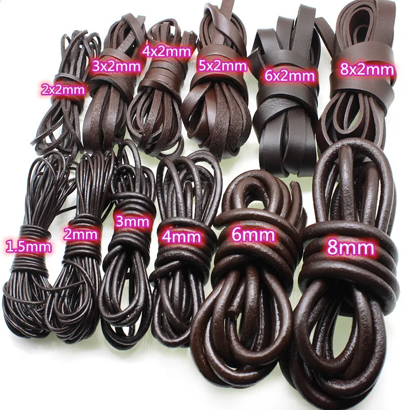 2M 1.5 2 3 4 5 6 8 mm Brown Real Genuine Leather Cord Round Flat Rope String for DIY Leather Bracelet Necklace Jewelry Findings