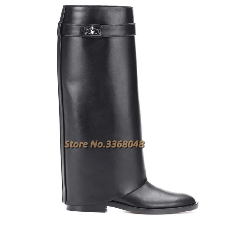 2020 Leather Knight Boots Low Heel Knee High Belted Boots Rount Toe Fold Black Matte Leather Winter Boots Runway Casual