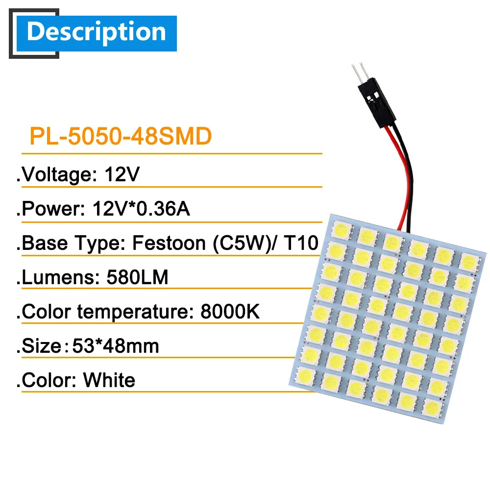 2pcs Led Panel 5050 48 SMD Car T10 w5w Festoon Dome reading map interior light Auto Motor Light White 12V Panel Lamp