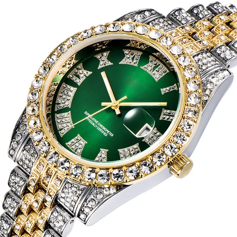 ALLICEONYOU New Gold Silver Color Cubic Zirconia Watches Hip Hop Fashion High Quality Stone Bracelet Stainless Steel For Gift