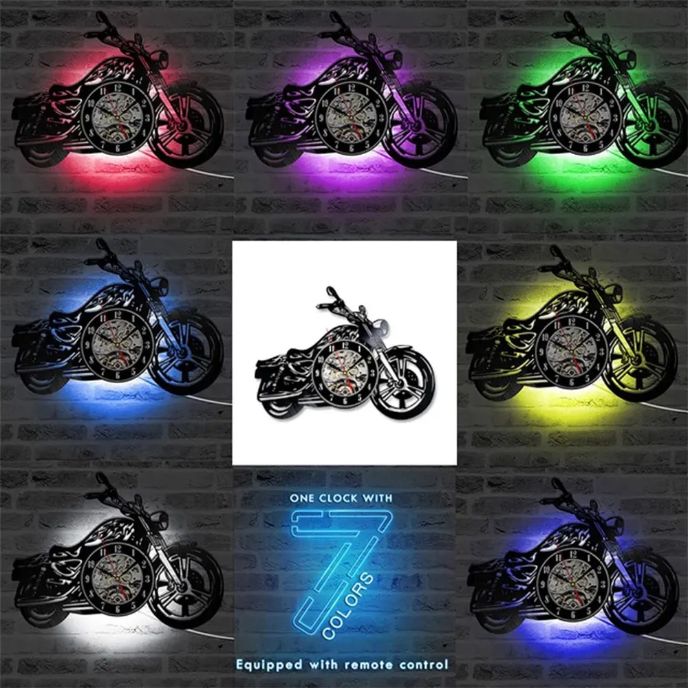 3D Wall Clock Led Luminous Motorcycle Shape Vinyl Record Fashion Design Wall-Mounted Watch Living Room Bedroom Home Decoration